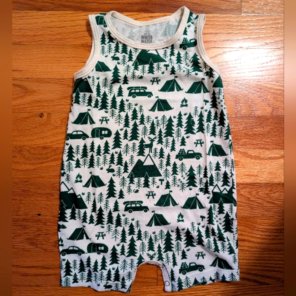 Green and White Camping Print Romper - 12M